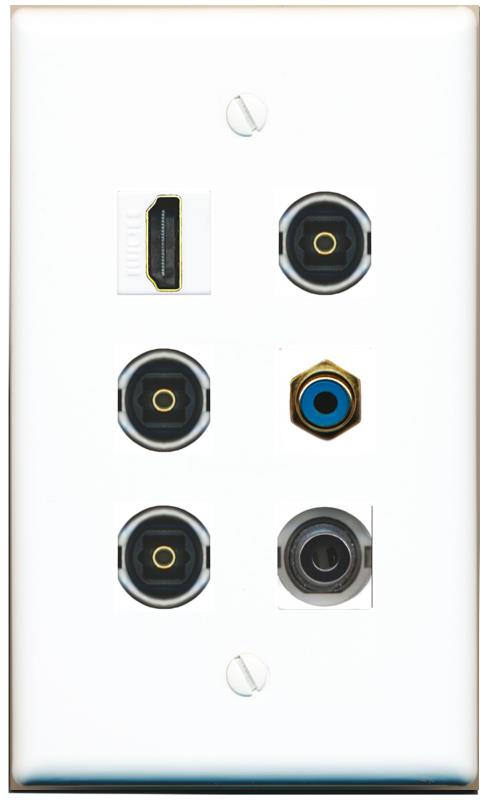  3.5mm HDMI RCA-BLUE 3 TOSLINK Flat/Solid Wall Plate [White]