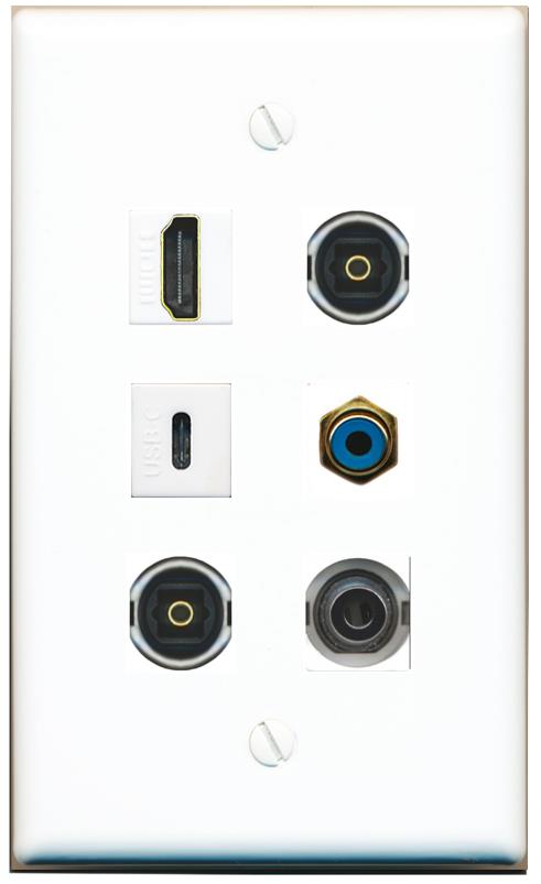  3.5mm HDMI RCA-BLUE 2 TOSLINK USBC Flat/Solid Wall Plate [White]