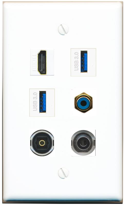  3.5mm HDMI RCA-BLUE TOSLINK 2 USB-3 Flat/Solid Wall Plate [White]