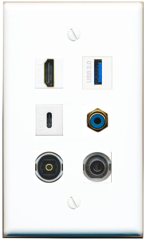  3.5mm HDMI RCA-BLUE TOSLINK USB-3 USBC Flat/Solid Wall Plate [White]