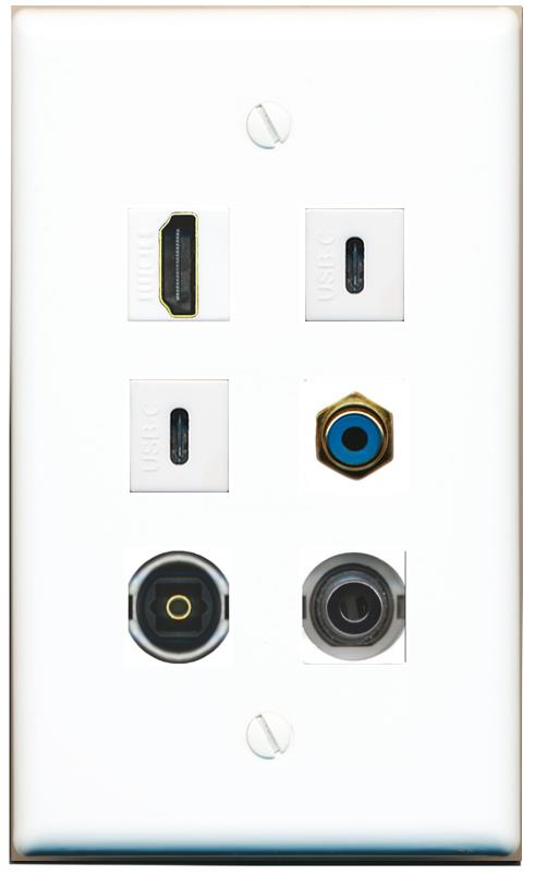  3.5mm HDMI RCA-BLUE TOSLINK 2 USBC Flat/Solid Wall Plate [White]