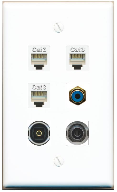  3.5mm 3 PHONE RCA-BLUE TOSLINK Flat/Solid Wall Plate [White]