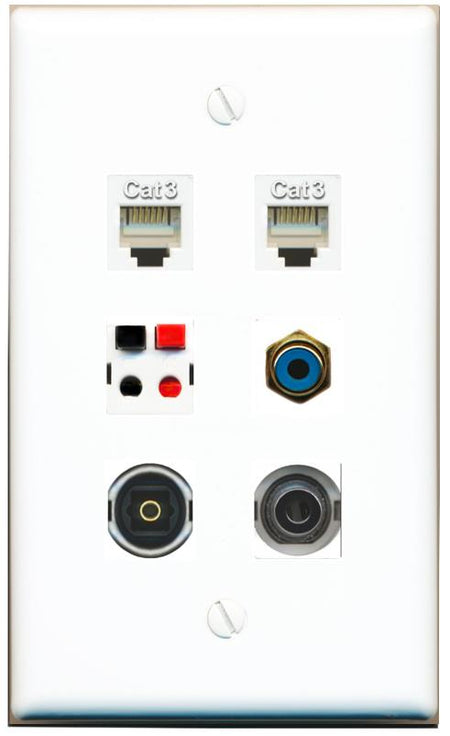  3.5mm 2 PHONE RCA-BLUE SPEAKER TOSLINK Flat/Solid Wall Plate [White]
