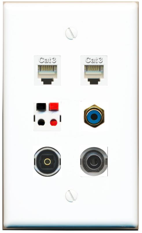  3.5mm 2 PHONE RCA-BLUE SPEAKER TOSLINK Flat/Solid Wall Plate [White]