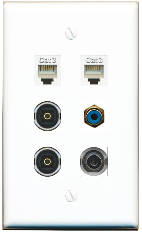  3.5mm 2 PHONE RCA-BLUE 2 TOSLINK Flat/Solid Wall Plate [White]