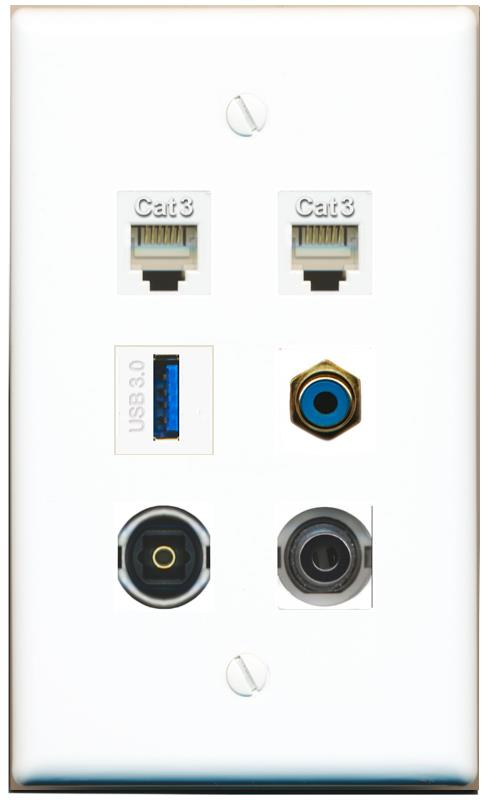  3.5mm 2 PHONE RCA-BLUE TOSLINK USB-3 Flat/Solid Wall Plate [White]