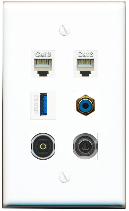  3.5mm 2 PHONE RCA-BLUE TOSLINK USB-3 Flat/Solid Wall Plate [White]