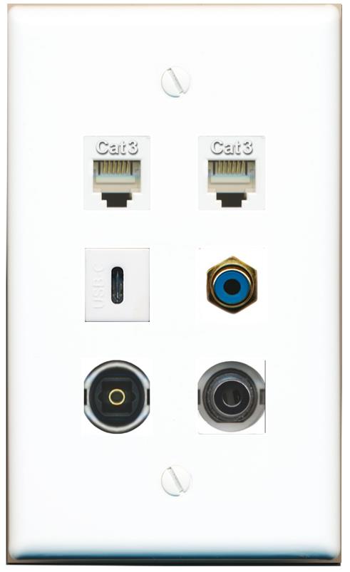  3.5mm 2 PHONE RCA-BLUE TOSLINK USBC Flat/Solid Wall Plate [White]