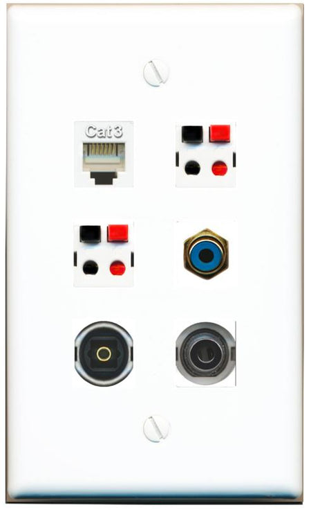  3.5mm PHONE RCA-BLUE 2 SPEAKER TOSLINK Flat/Solid Wall Plate [White]