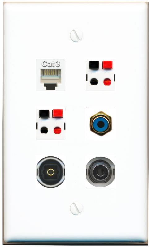  3.5mm PHONE RCA-BLUE 2 SPEAKER TOSLINK Flat/Solid Wall Plate [White]