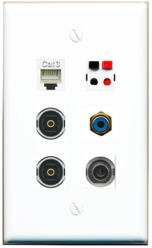  3.5mm PHONE RCA-BLUE SPEAKER 2 TOSLINK Flat/Solid Wall Plate [White]