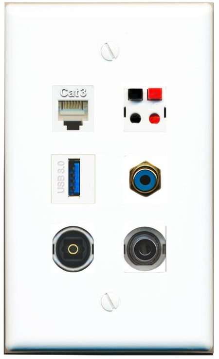  3.5mm PHONE RCA-BLUE SPEAKER TOSLINK USB-3 Flat/Solid Wall Plate [White]