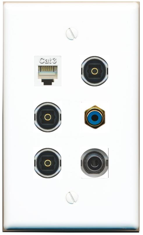  3.5mm PHONE RCA-BLUE 3 TOSLINK Flat/Solid Wall Plate [White]