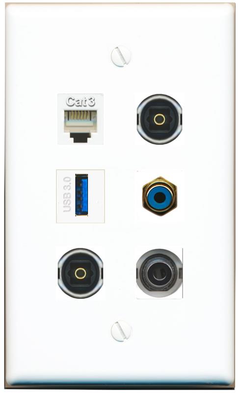  3.5mm PHONE RCA-BLUE 2 TOSLINK USB-3 Flat/Solid Wall Plate [White]