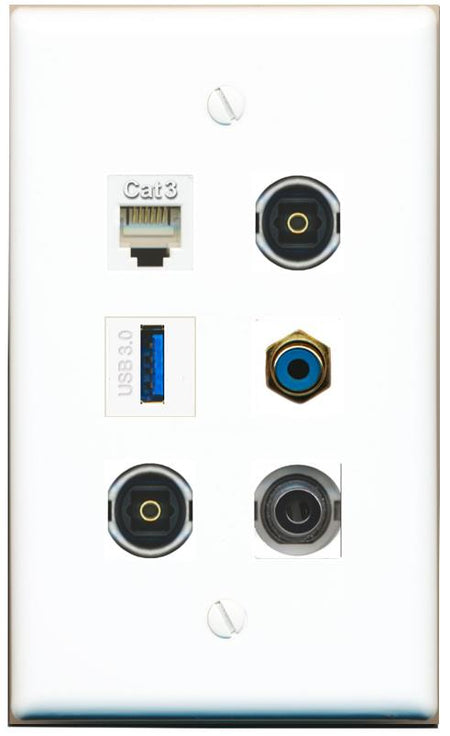  3.5mm PHONE RCA-BLUE 2 TOSLINK USB-3 Flat/Solid Wall Plate [White]