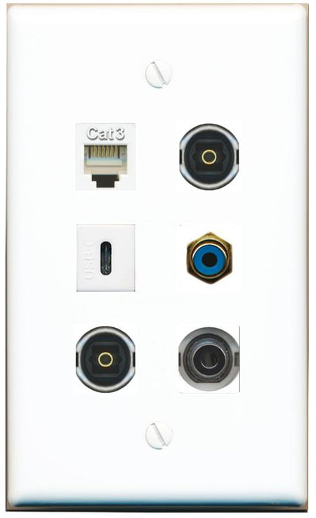  3.5mm PHONE RCA-BLUE 2 TOSLINK USBC Flat/Solid Wall Plate [White]