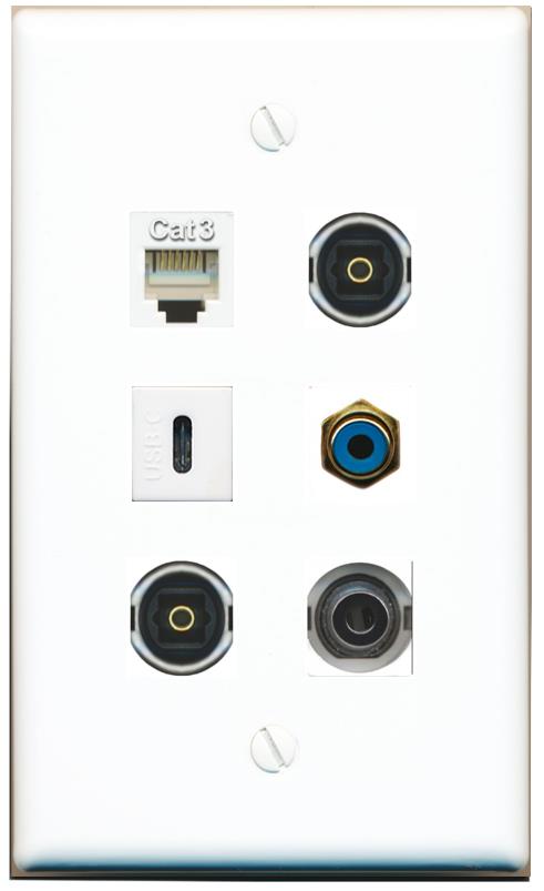  3.5mm PHONE RCA-BLUE 2 TOSLINK USBC Flat/Solid Wall Plate [White]