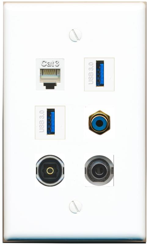  3.5mm PHONE RCA-BLUE TOSLINK 2 USB-3 Flat/Solid Wall Plate [White]