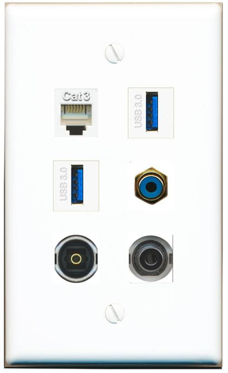  3.5mm PHONE RCA-BLUE TOSLINK 2 USB-3 Flat/Solid Wall Plate [White]