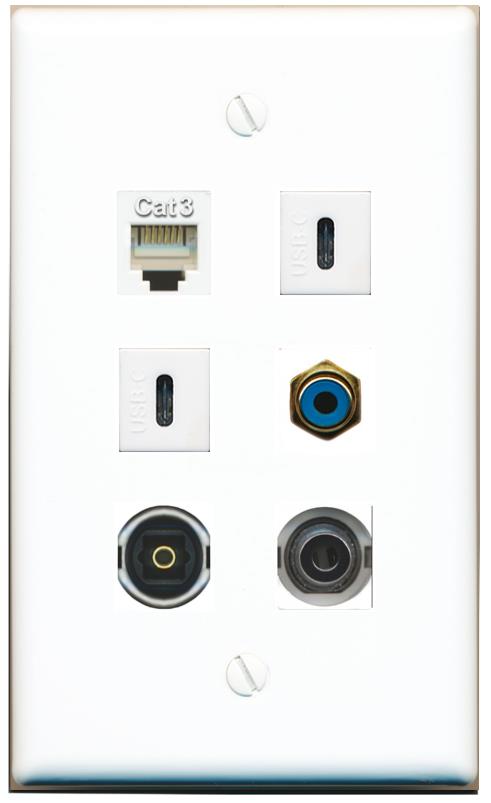  3.5mm PHONE RCA-BLUE TOSLINK 2 USBC Flat/Solid Wall Plate [White]