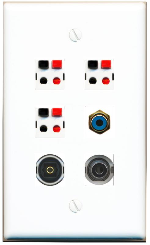  3.5mm RCA-BLUE 3 SPEAKER TOSLINK Flat/Solid Wall Plate [White]