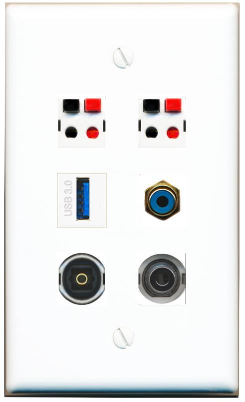  3.5mm RCA-BLUE 2 SPEAKER TOSLINK USB-3 Flat/Solid Wall Plate [White]