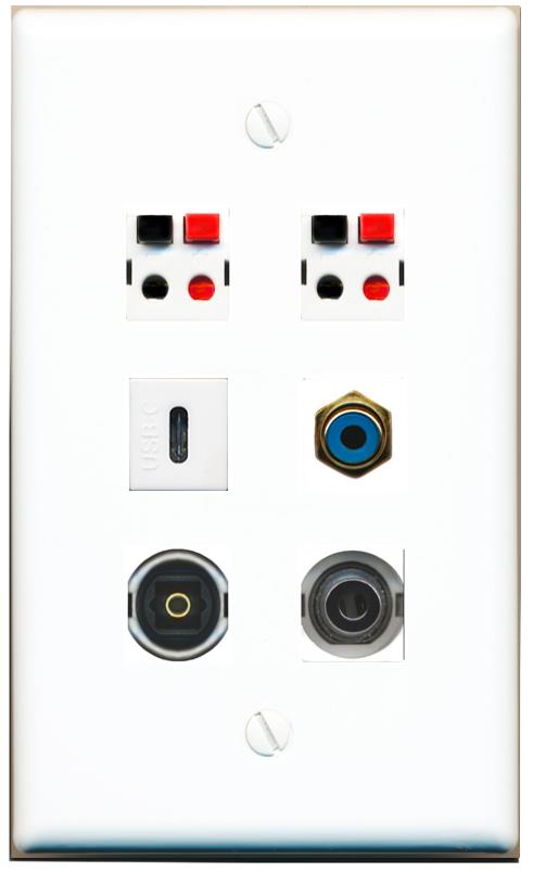  3.5mm RCA-BLUE 2 SPEAKER TOSLINK USBC Flat/Solid Wall Plate [White]