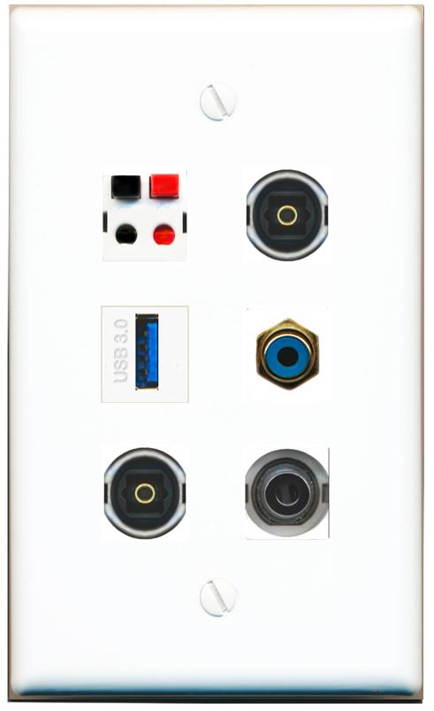  3.5mm RCA-BLUE SPEAKER 2 TOSLINK USB-3 Flat/Solid Wall Plate [White]