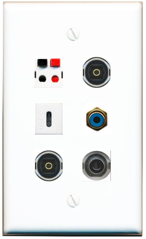  3.5mm RCA-BLUE SPEAKER 2 TOSLINK USBC Flat/Solid Wall Plate [White]