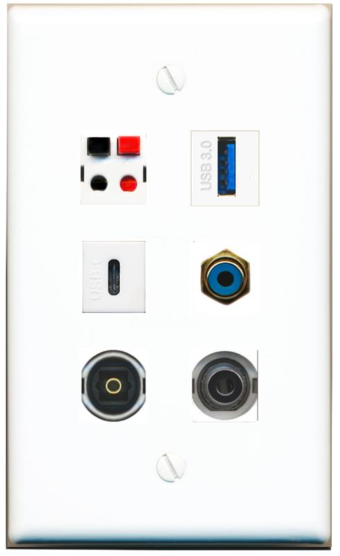  3.5mm RCA-BLUE SPEAKER TOSLINK USB-3 USBC Flat/Solid Wall Plate [White]