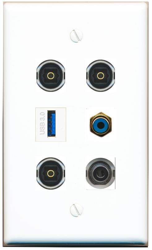  3.5mm RCA-BLUE 3 TOSLINK USB-3 Flat/Solid Wall Plate [White]