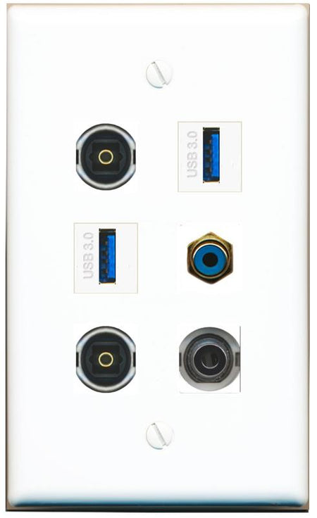  3.5mm RCA-BLUE 2 TOSLINK 2 USB-3 Flat/Solid Wall Plate [White]