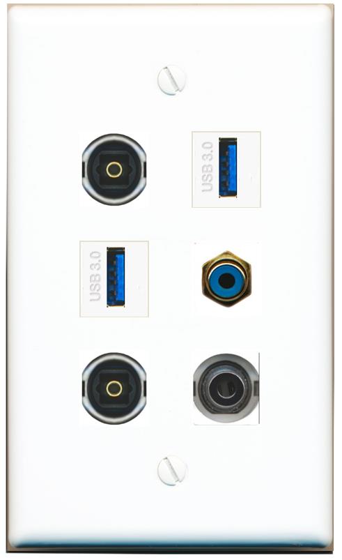  3.5mm RCA-BLUE 2 TOSLINK 2 USB-3 Flat/Solid Wall Plate [White]