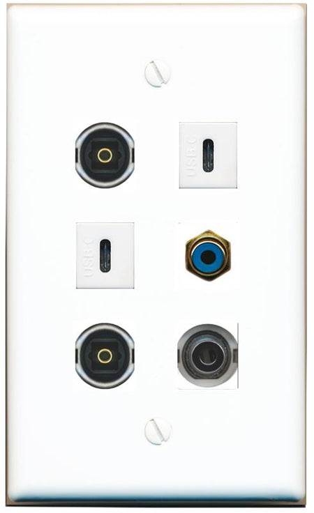  3.5mm RCA-BLUE 2 TOSLINK 2 USBC Flat/Solid Wall Plate [White]