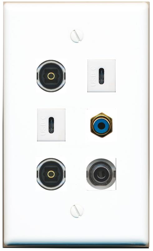  3.5mm RCA-BLUE 2 TOSLINK 2 USBC Flat/Solid Wall Plate [White]