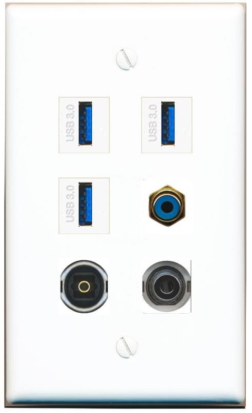  3.5mm RCA-BLUE TOSLINK 3 USB-3 Flat/Solid Wall Plate [White]