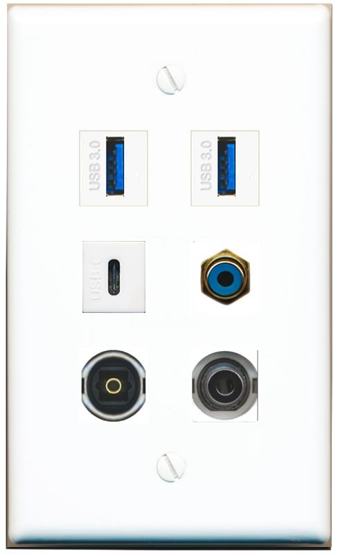 3.5mm RCA-BLUE TOSLINK 2 USB-3 USBC Flat/Solid Wall Plate [White]