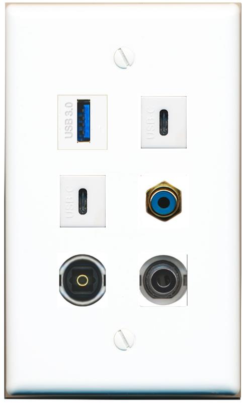  3.5mm RCA-BLUE TOSLINK USB-3 2 USBC Flat/Solid Wall Plate [White]