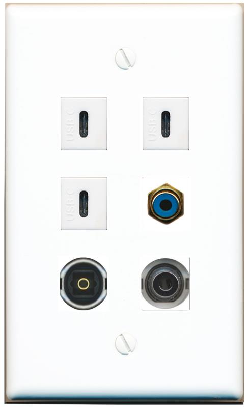  3.5mm RCA-BLUE TOSLINK 3 USBC Flat/Solid Wall Plate [White]