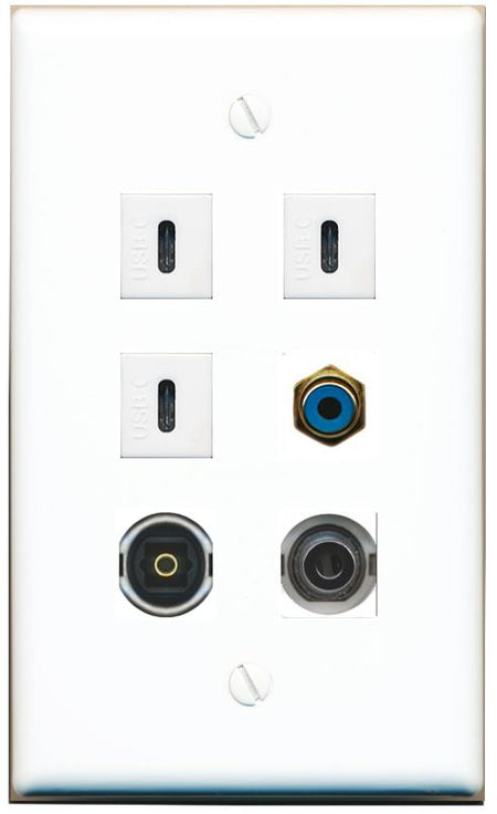  3.5mm RCA-BLUE TOSLINK 3 USBC Flat/Solid Wall Plate [White]