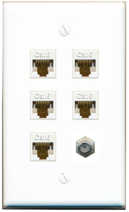  5 CAT6 COAX Flat/Solid Wall Plate [White]