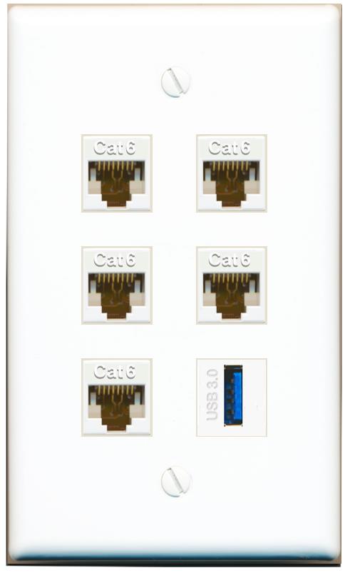 5 CAT6 USB-3 Flat/Solid Wall Plate [White]