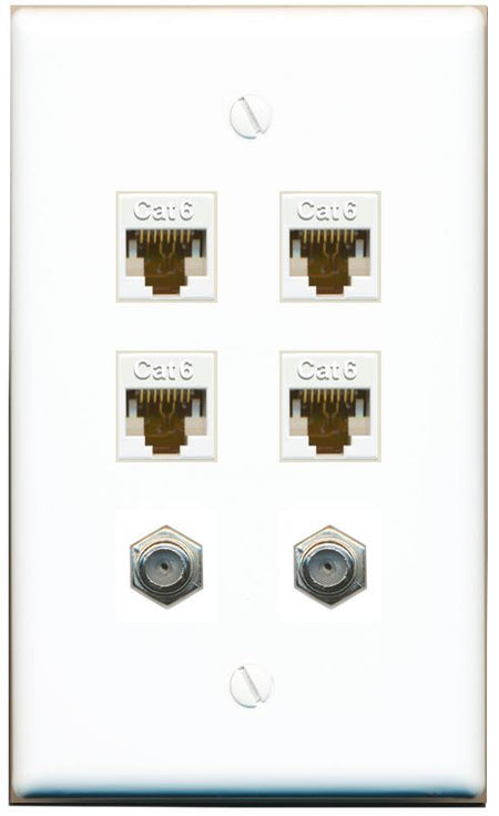  4 CAT6 2 COAX Flat/Solid Wall Plate [White]