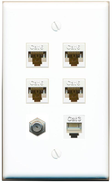 4 CAT6 COAX PHONE Flat/Solid Wall Plate [White]