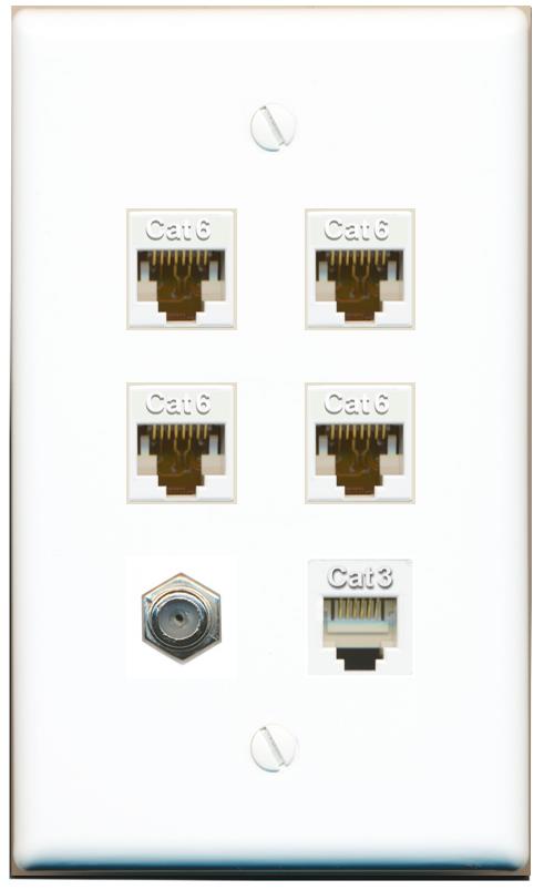  4 CAT6 COAX PHONE Flat/Solid Wall Plate [White]