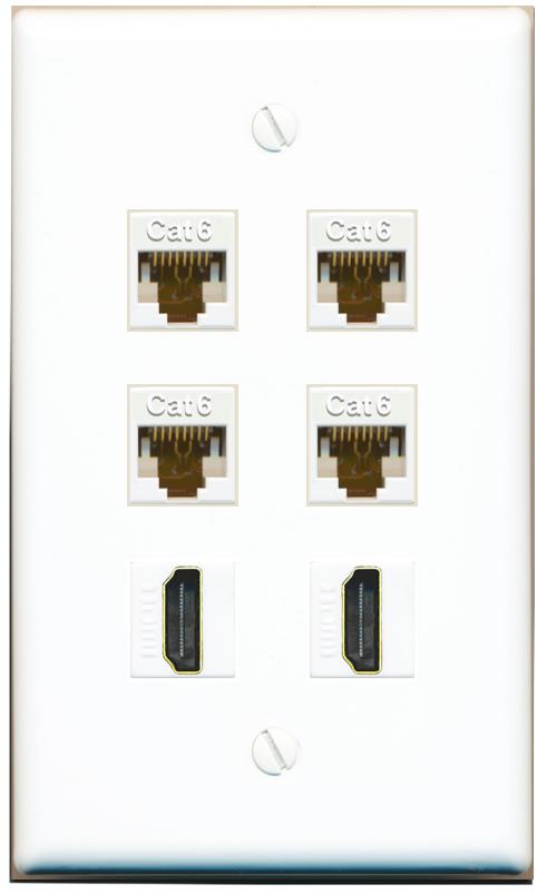  4 CAT6 2 HDMI Flat/Solid Wall Plate [White]