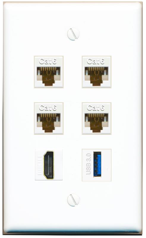  4 CAT6 HDMI USB-3 Flat/Solid Wall Plate [White]
