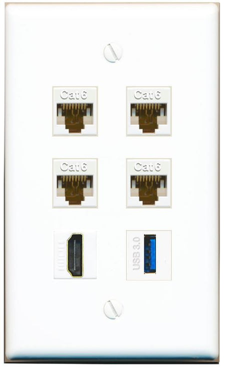  4 CAT6 HDMI USB-3 Flat/Solid Wall Plate [White]