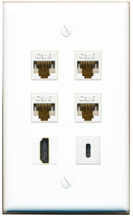  4 CAT6 HDMI USBC Flat/Solid Wall Plate [White]