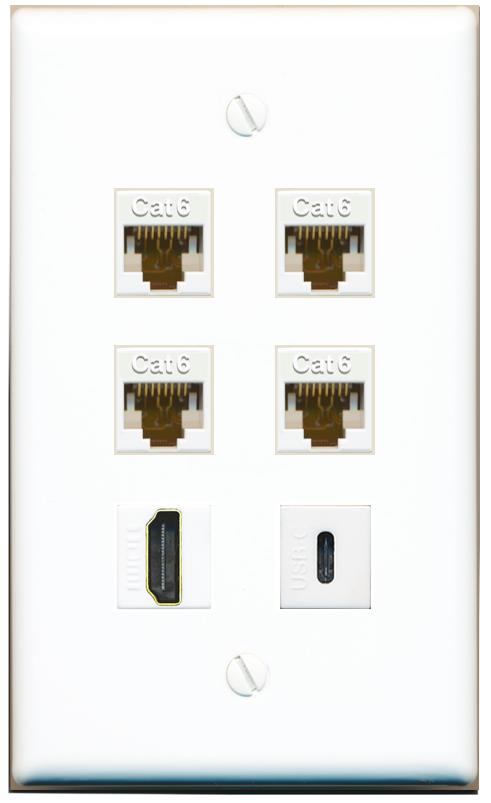  4 CAT6 HDMI USBC Flat/Solid Wall Plate [White]